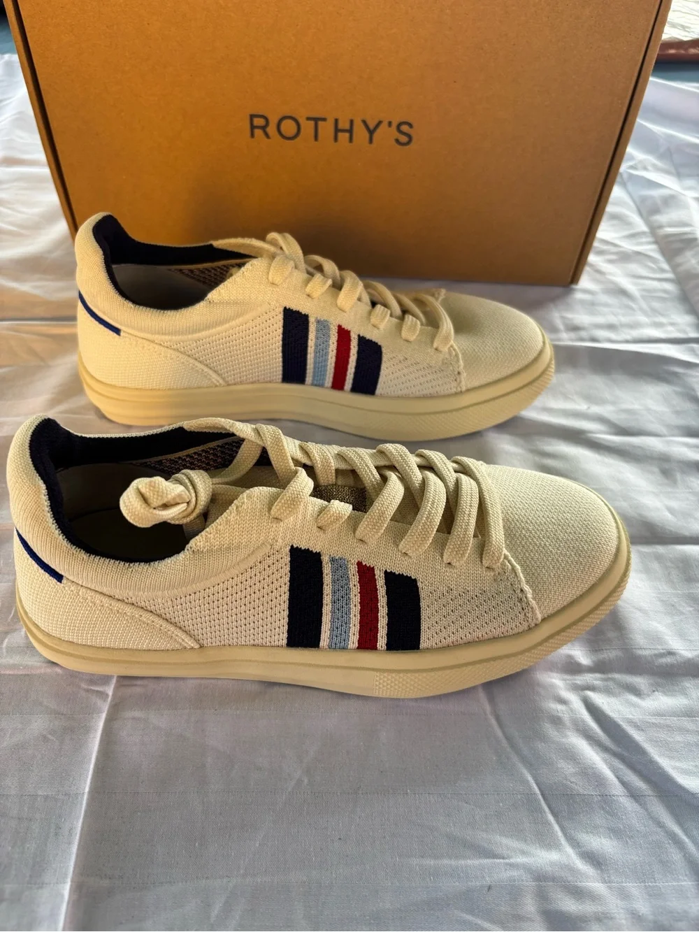 Rothy's Cream Knit Sneakers with Navy, Red & Light Blue Stripes